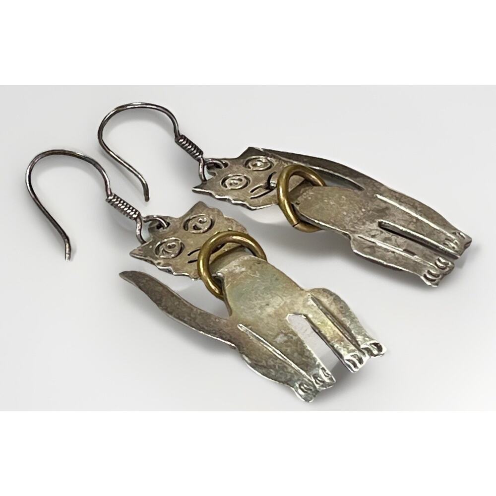 Silver and Gold Cat Dangle Earrings - Women's Jewelry - Picture 2 of 16